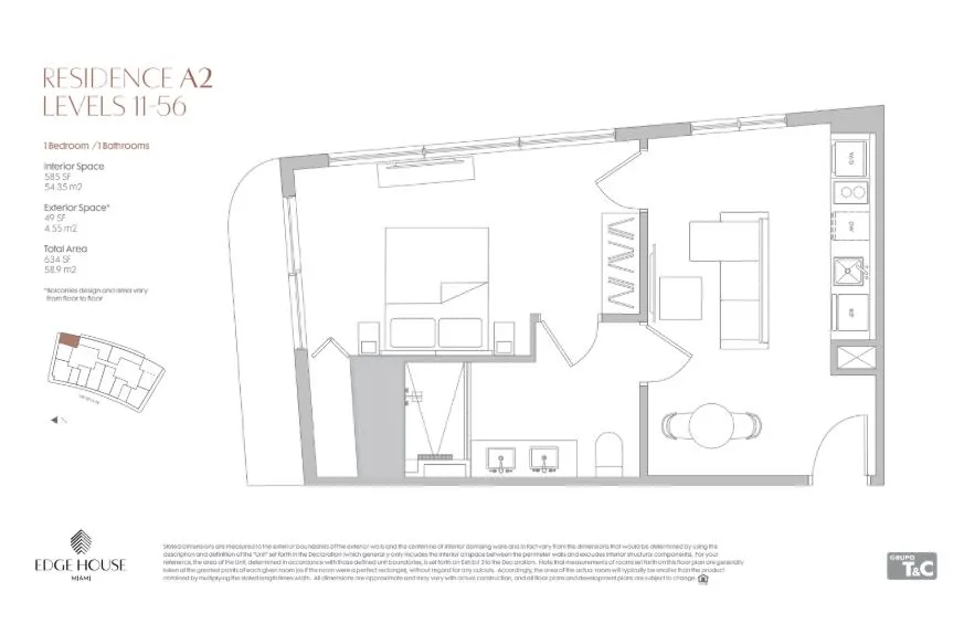 Floor plan for 1-bedroom residence
