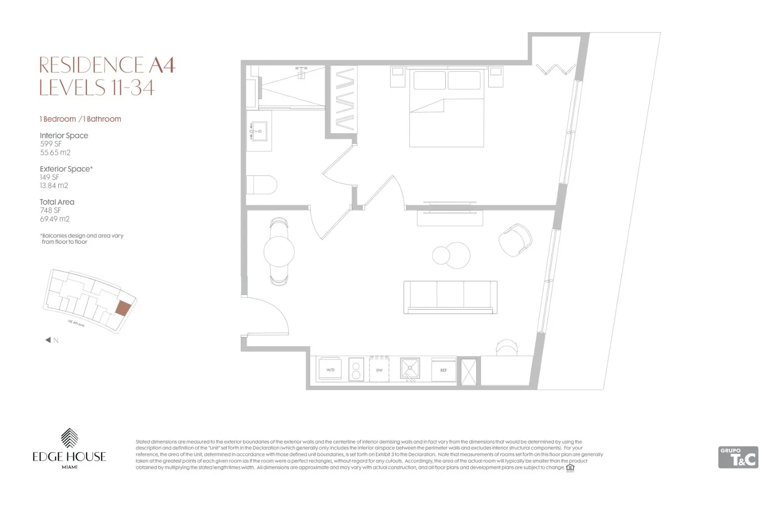 Floor plan for 1-bedroom residence