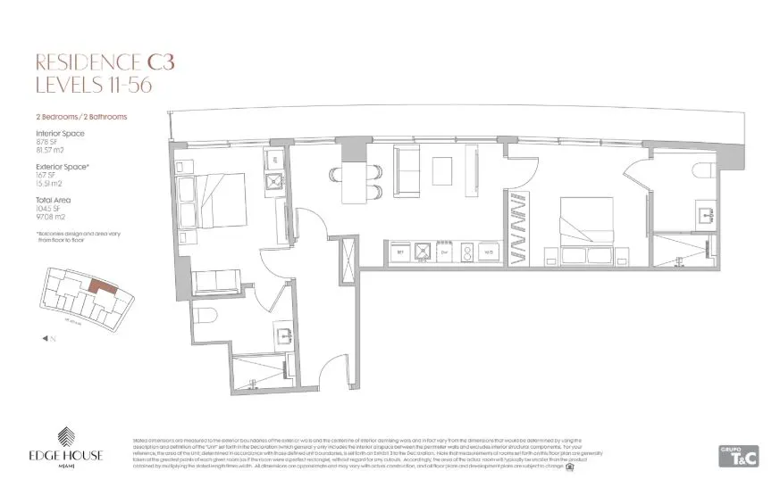 Floor plan for 2-bedroom residence