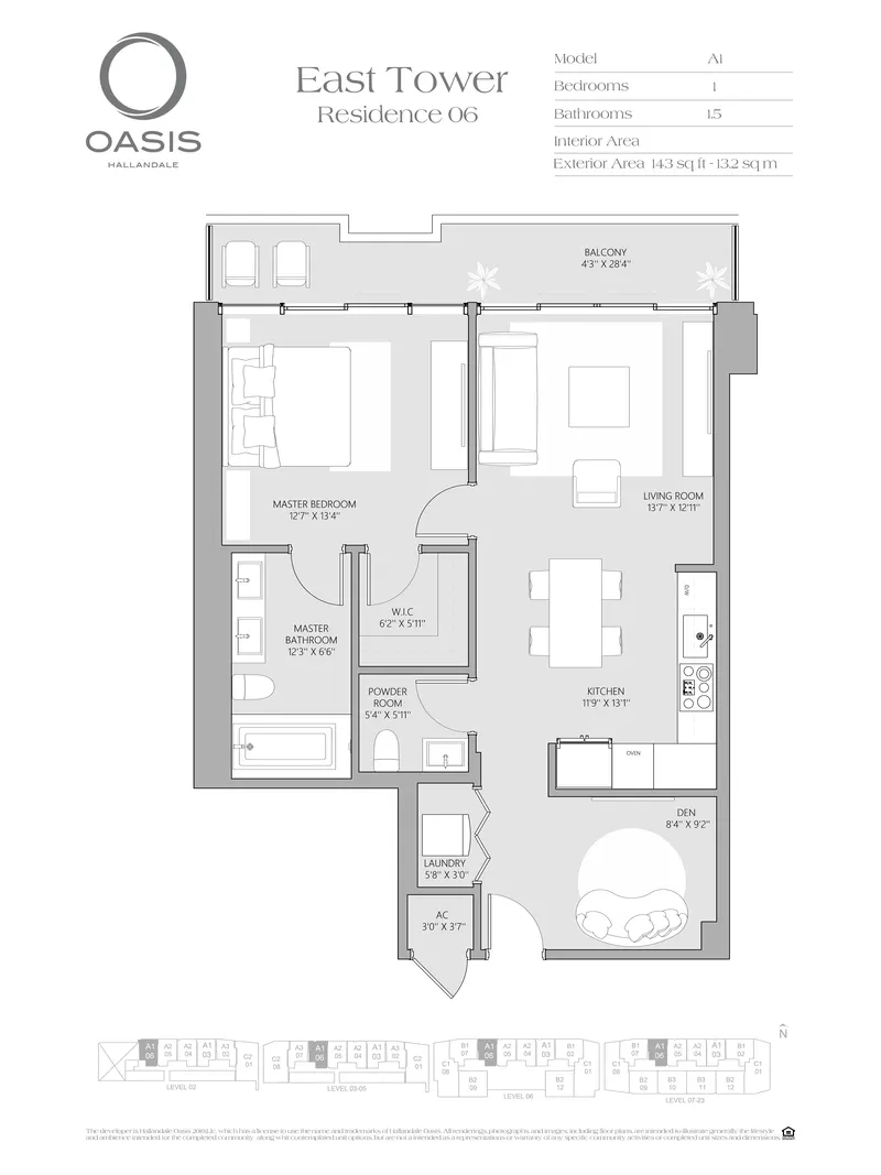 Residence 2106 | 1 Bedroom + Den | 1.5 Bathrooms | Expansive Balcony