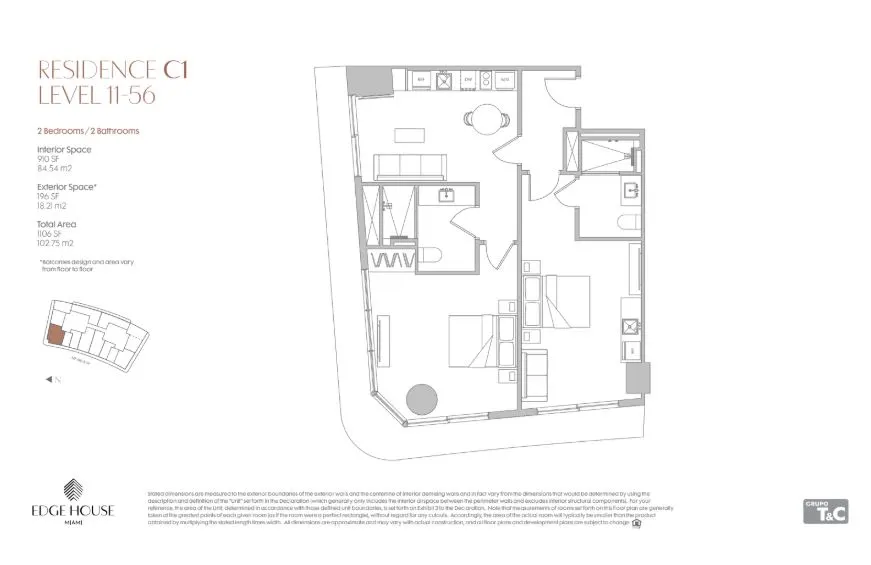Floor plan for 2-bedroom residence