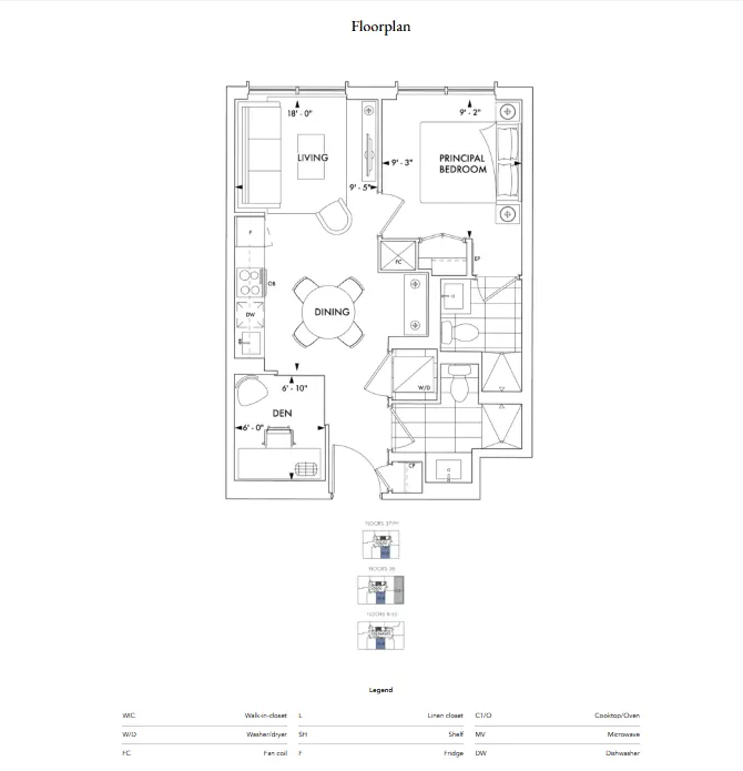 Floor plan for 1-bedroom residence